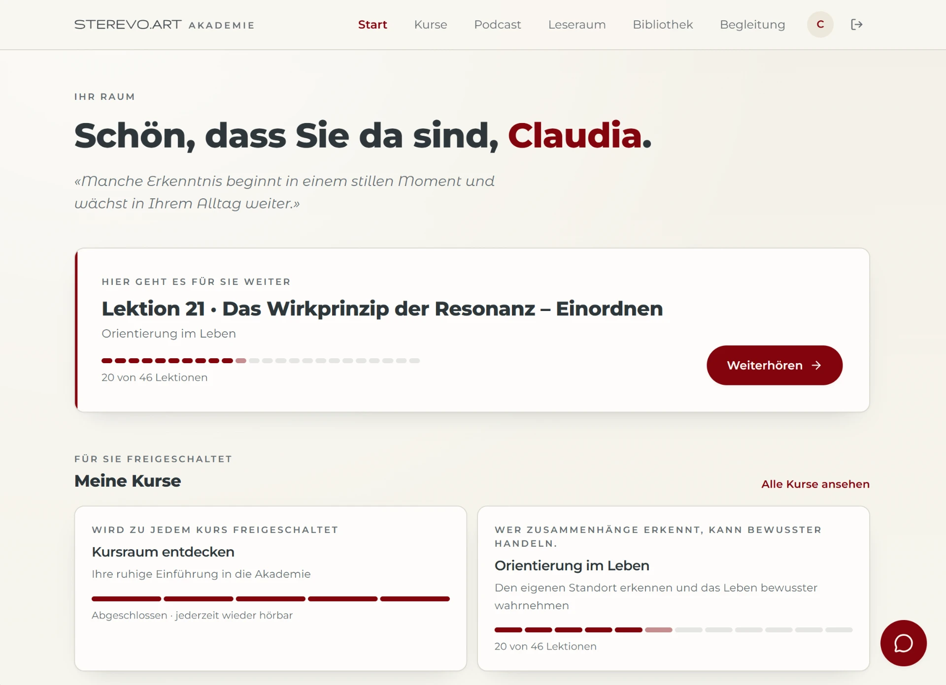 Startseite der Akademie mit persönlichem Lernfortschritt
