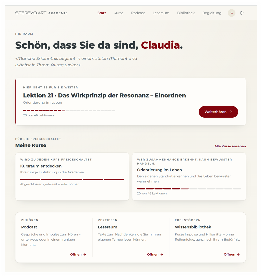 Einblick in die STEREVO.ART Akademie mit dem 90-Tage-Weg, Kursen, Podcast, Leseraum und Wissensbibliothek
